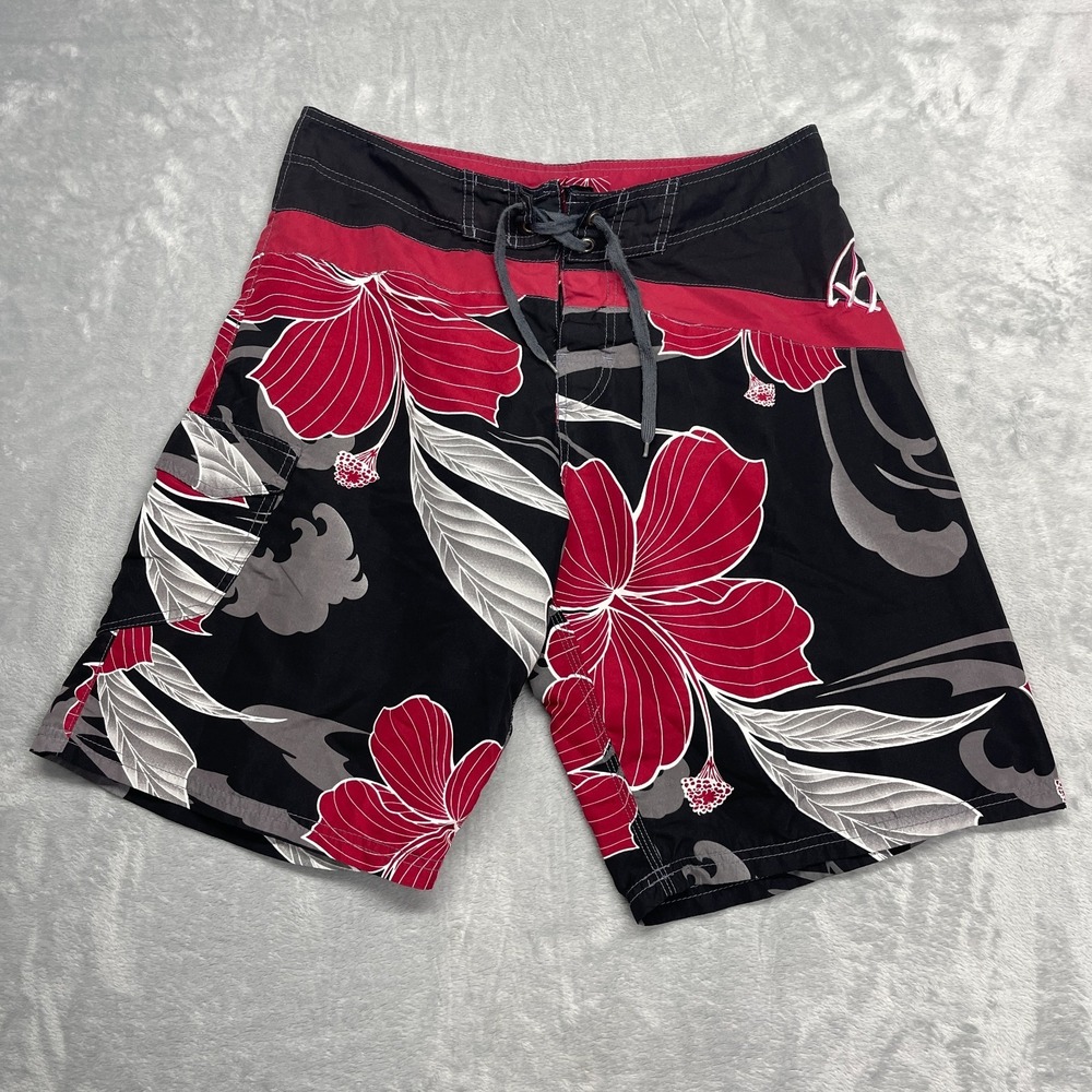 B. Split Shorts Mens L Black Floral Board Surf Surfing Water Polo Drawstring Y2K